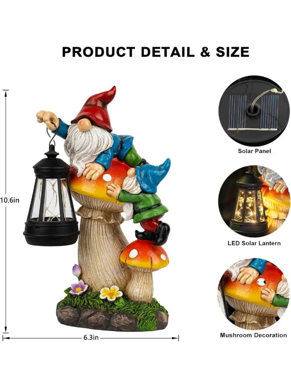 Solar Garden Gnome Statue with Lantern | Waterproof Mushroom Decor | LED Yard